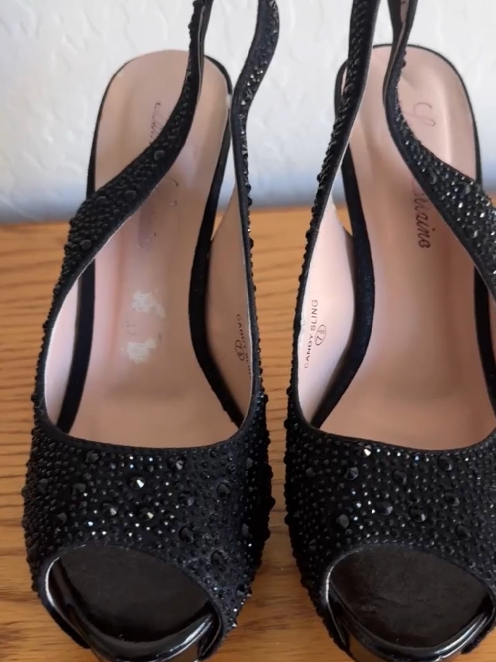 Lauren Lorraine Candy Sling Black Rhinestone Peep Toe Heels Size 7.5 - Picture 8 of 10